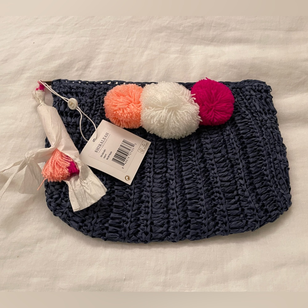 Shiraleah Navy Rio Zip Pouch Clutch Handbag w/ White Pink And Coral Pompoms NWT